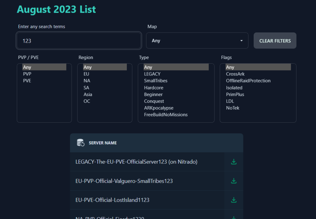 Screenshot of the ARK utils Server browser 