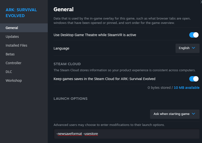Launch parameters for the steam interface